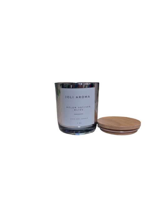 Non-Toxic Melon Vetiver Bliss Candle in Silver Jar - Handmade with Coconut Soy Wax for a Clean Burn, 7 oz